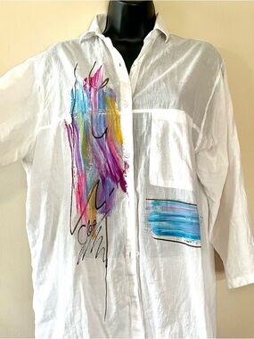 Pusser West Indies S white cotton button shirt Hand Painted beachy cover up